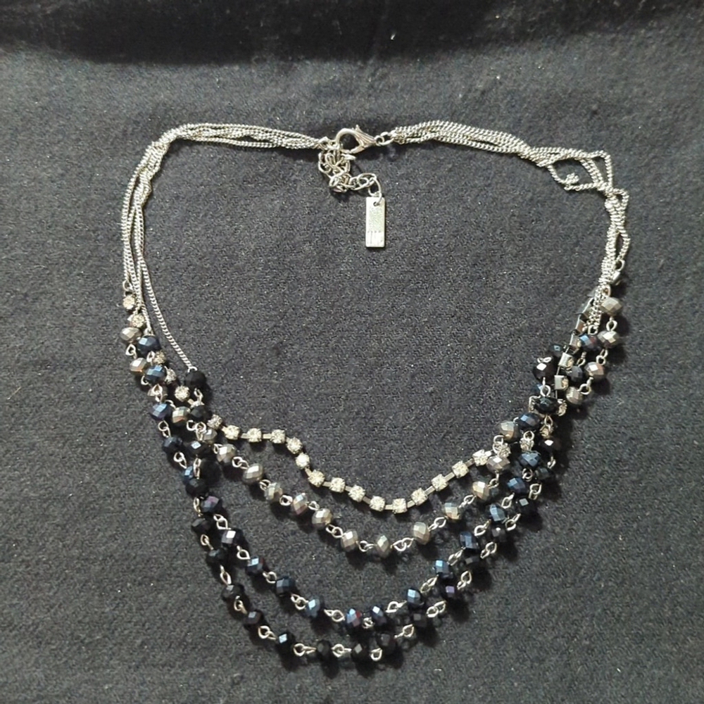 INC Silver Tone Clear Rhinestone Black and Grey Beaded Crystal Layered Necklace